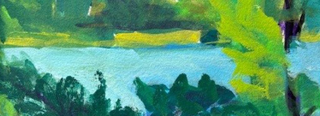 Landscape painting of a lake surrounded by green and teal foliage