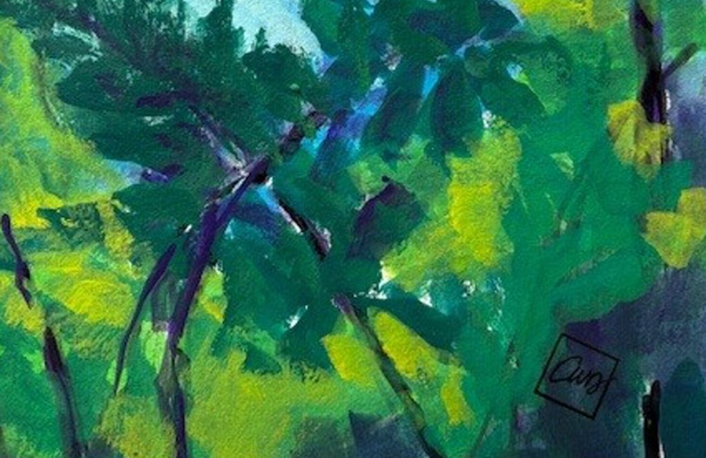 Landscape painting of a lake surrounded by green and teal foliage