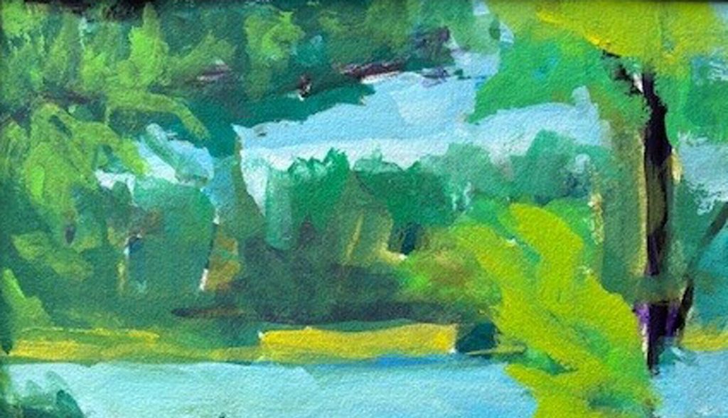 Landscape painting of a lake surrounded by green and teal foliage