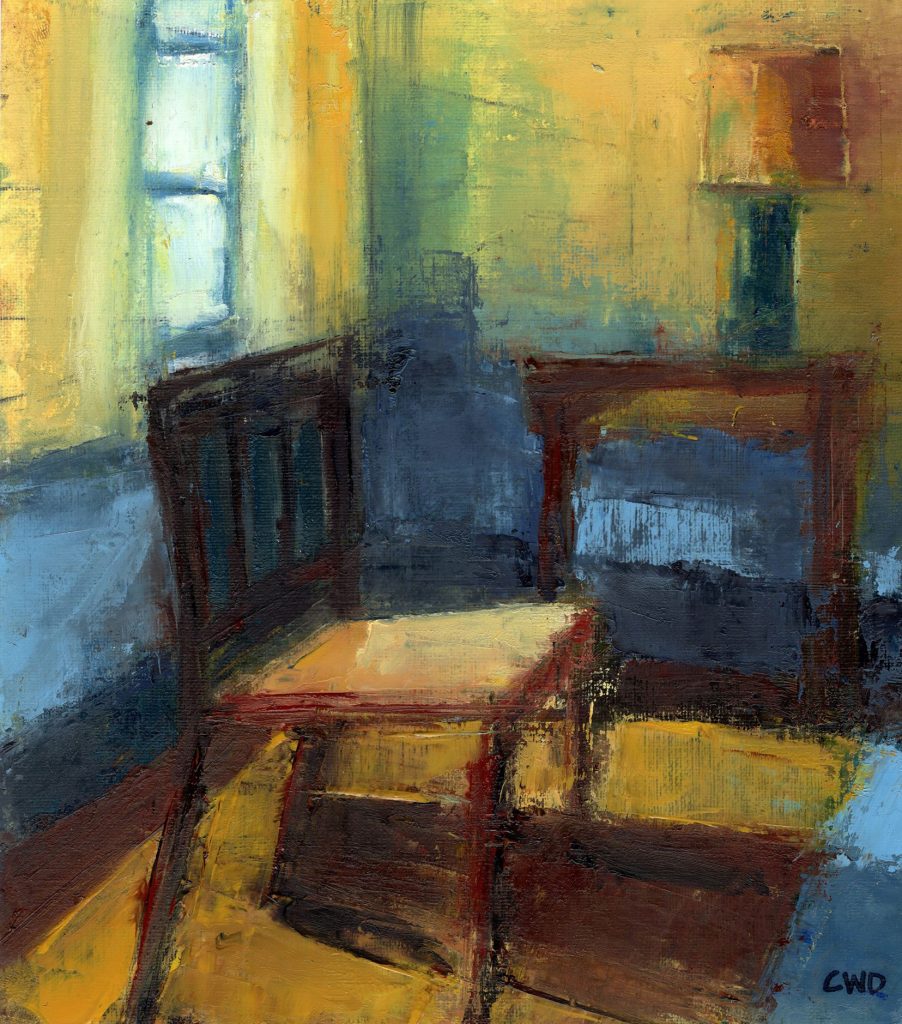 Interior painting featuring a single chair, table and lamp