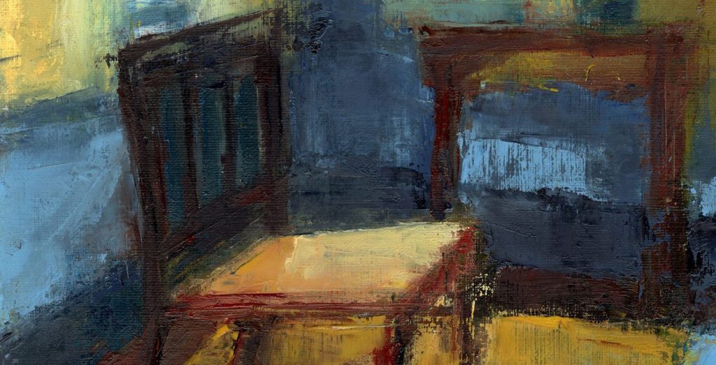 Interior painting featuring a single chair, table and lamp
