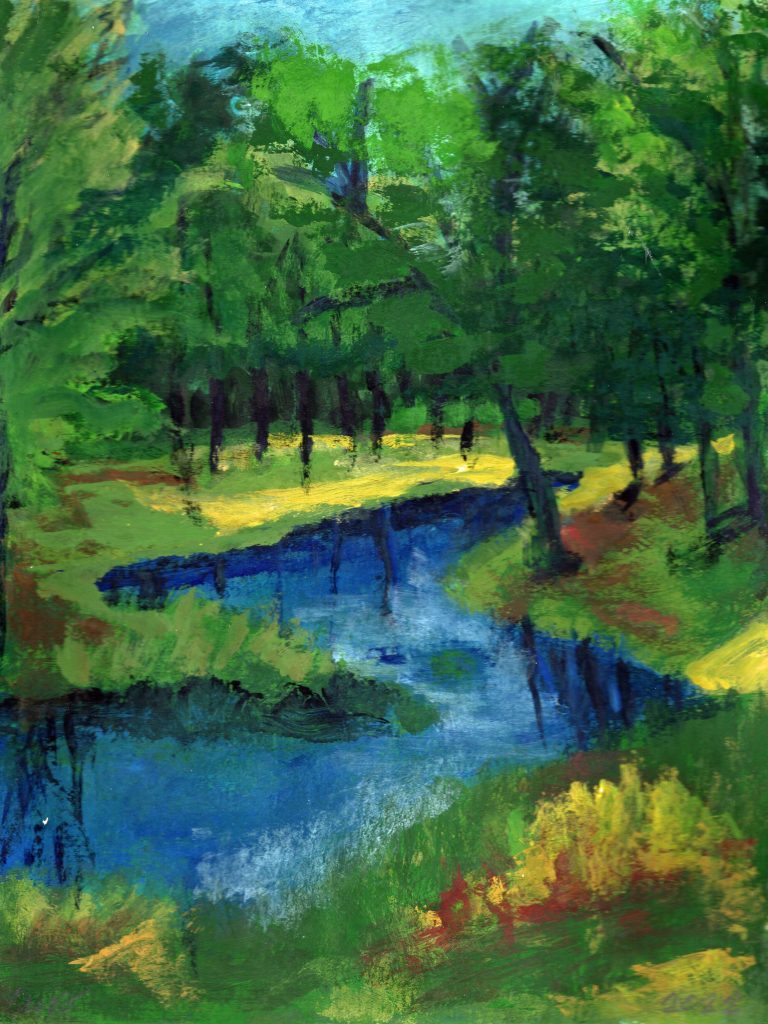Landscape painting of a wooded pont with a winding blue stream